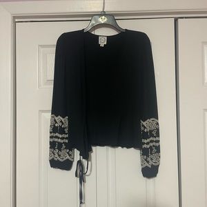 Blue Rain Black with Cream Lace Overlay Wrap V Neck